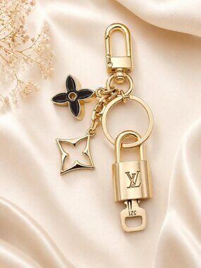 Louis Vuitton Gold Padlock Key 🔒 Authentic LV Charm + Unbranded Flower Keychain